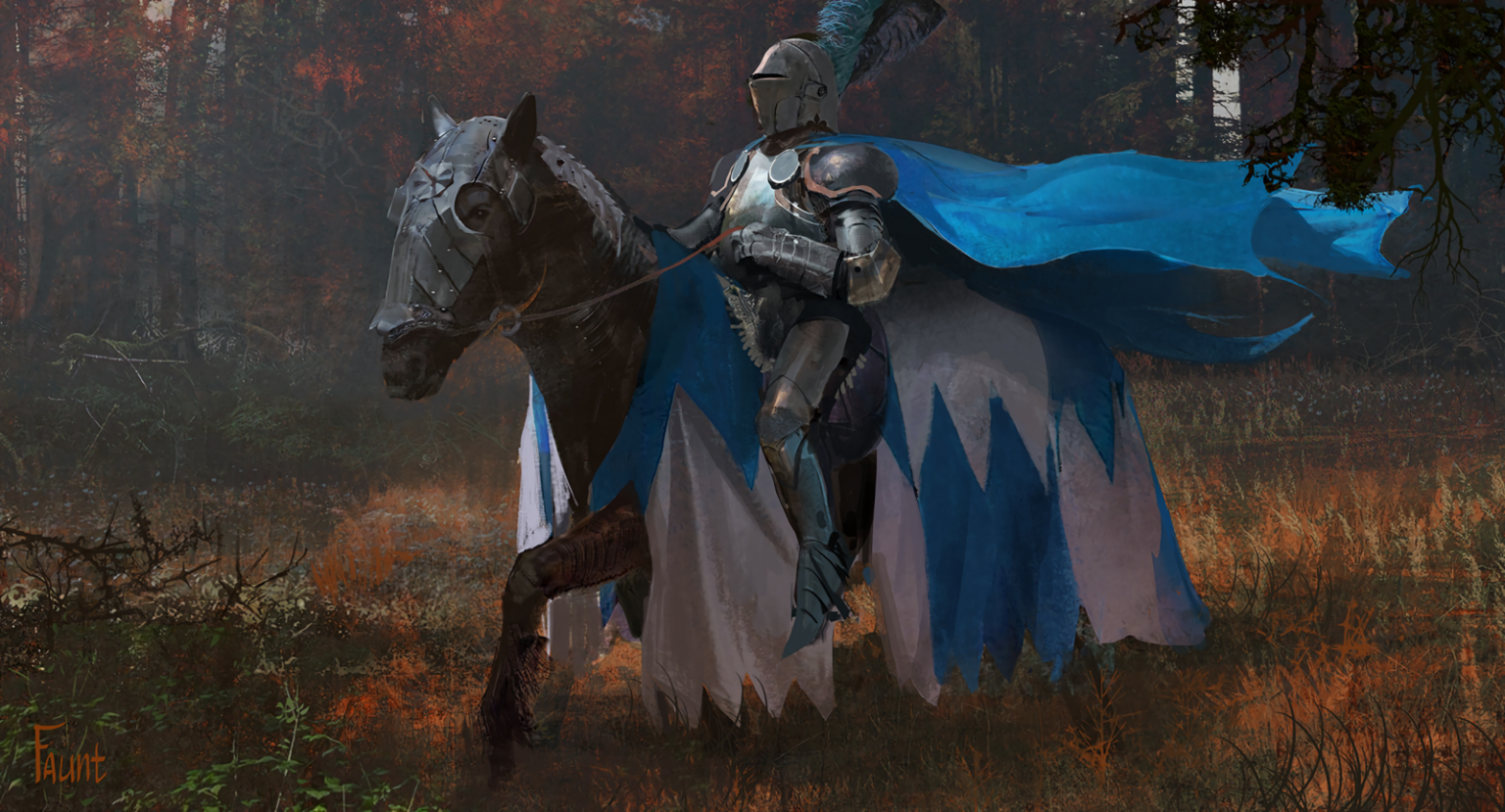 Knight on horseback in forest